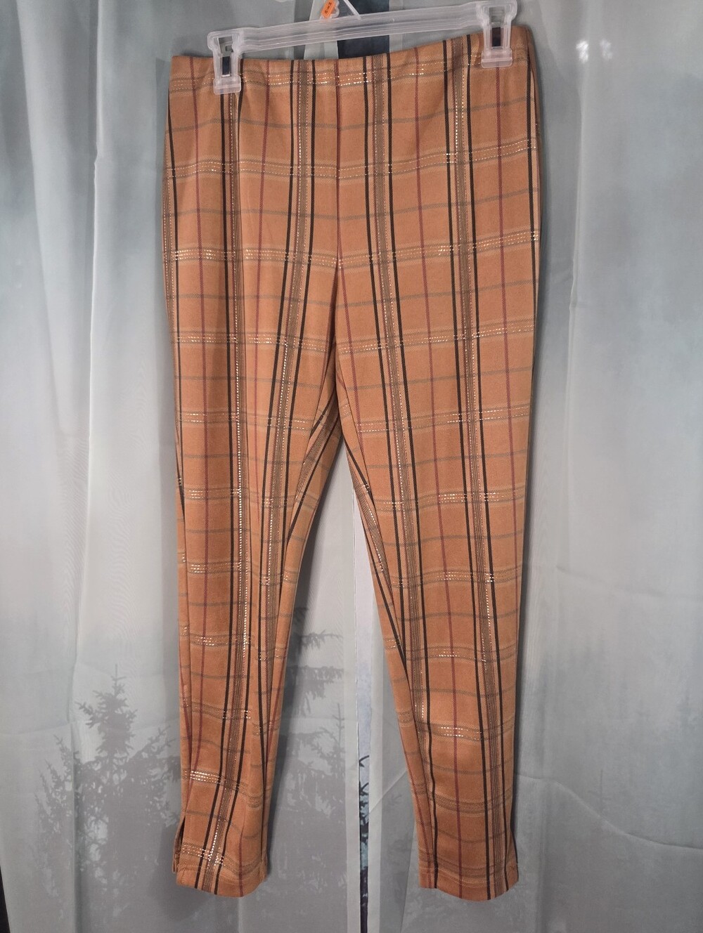 Versona Brown and Black Plaid Sparkle Pants with Elastic Waistband